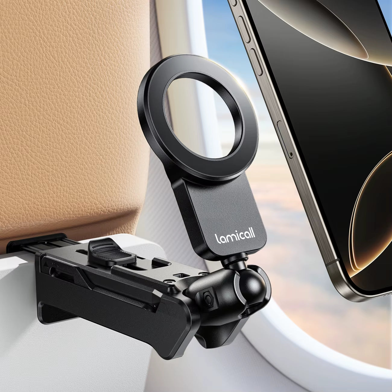 Lamicall STRL02 Magnetic Airplane Phone Holder Travel Mount Strong Clamp for Tray Table Luggage Handle 360 Rotation Free Stand