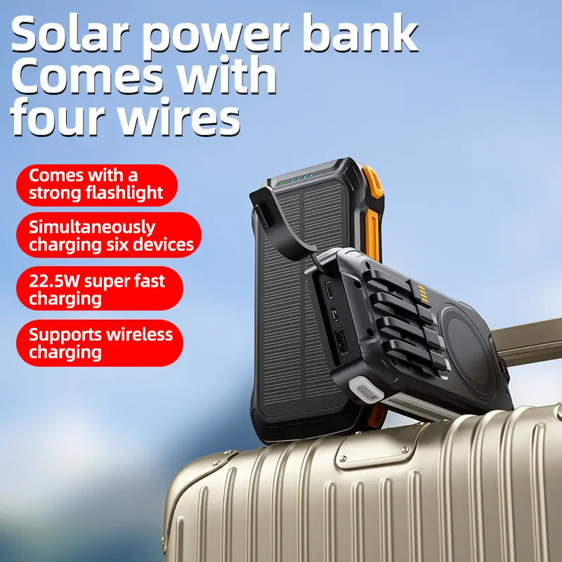 36000mAh Solar Portable Charger with 22.5W High-Speed Charging, Wireless Power Bank, QC3.0 Fast Charging, USB-C and Four Ports, Dual LED Flashlight, Outdoor Emergency Battery Pack