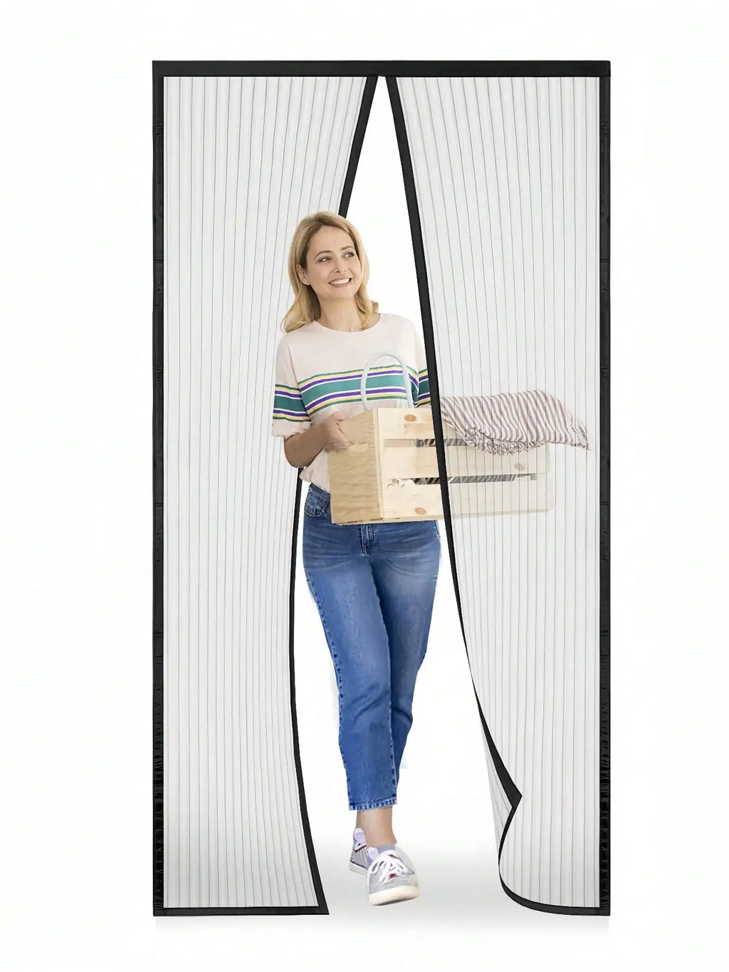 Summer Breathable Magnetic Mosquito Screen Door, Black Polyester Fiber Automatic Sealing Hands-Free Mosquito Net Curtain, Strong Magnetic Suction Design, Suitable For Balcony And Living Room.
