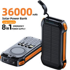 36000mAh Solar Portable Charger with 22.5W High-Speed Charging, Wireless Power Bank, QC3.0 Fast Charging, USB-C and Four Ports, Dual LED Flashlight, Outdoor Emergency Battery Pack