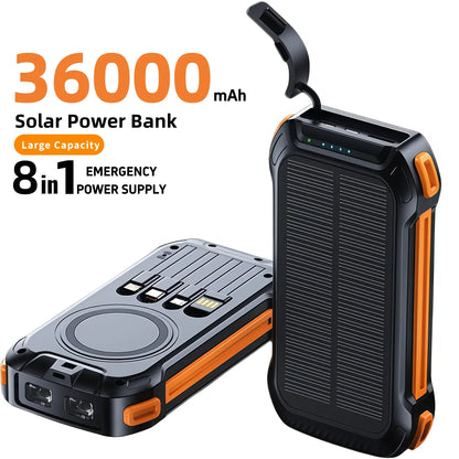 36000mAh Solar Portable Charger with 22.5W High-Speed Charging, Wireless Power Bank, QC3.0 Fast Charging, USB-C and Four Ports, Dual LED Flashlight, Outdoor Emergency Battery Pack