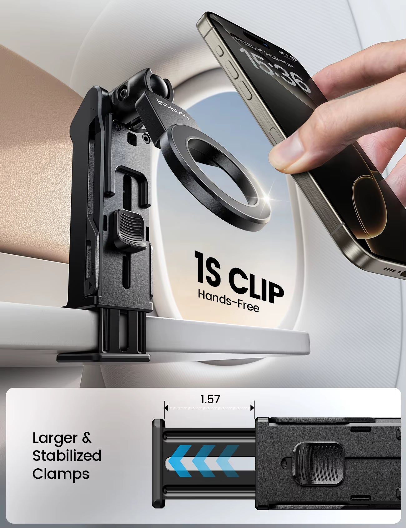 Lamicall STRL02 Magnetic Airplane Phone Holder Travel Mount Strong Clamp for Tray Table Luggage Handle 360 Rotation Free Stand