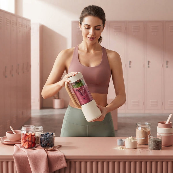 A woman using a portable blender in a modern gym locker room with rose and blush-toned decor.