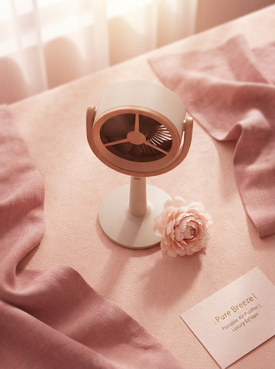 A portable air purifier displayed on a blush peach surface with soft linen textures and a pink peony flower.