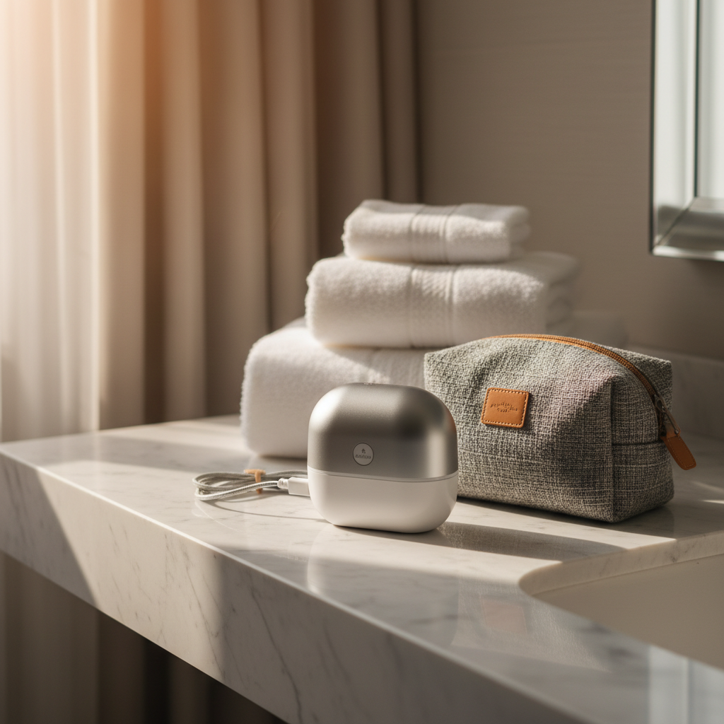 TurboClean Mini Washer lifestyle photo on hotel bathroom counter