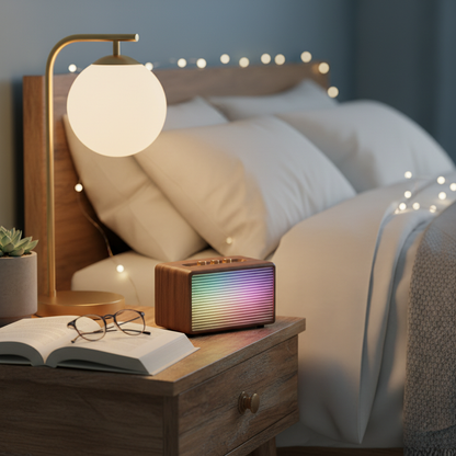 Mini Retro Bluetooth Speaker lifestyle photo on bedside nightstand